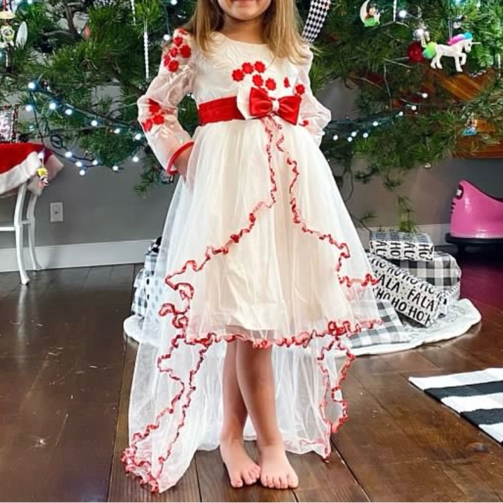 Elegant Kids Dress with Red Floral Accents